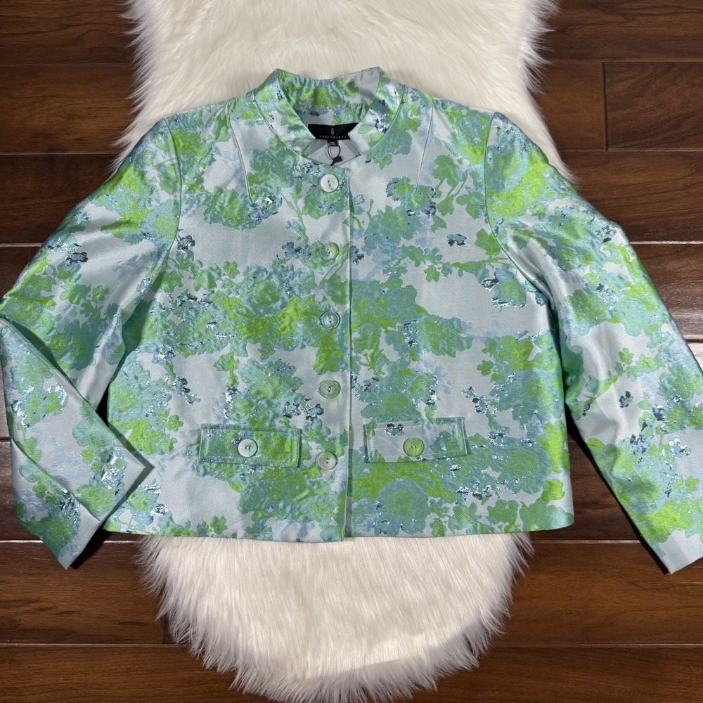 Abbey Glass Women's Size 2XL‎ Green Abstract Brocade Onassis Blazer Jacket XXL